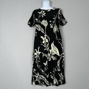 Kindred Womens Dress Small Black Floral Accordion Pleated Midi Tropical Resort